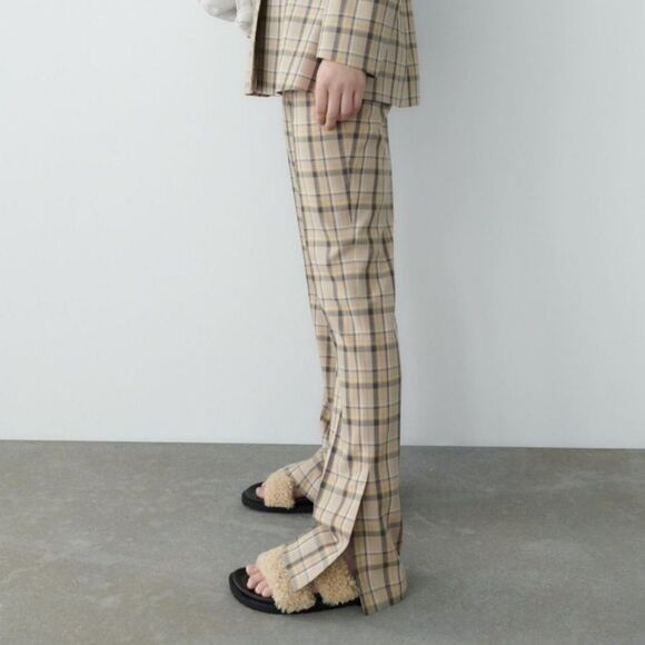 Zara Pants - Zara Tartan Plaid Pants Womens L Tan Check Trousers Side Vents Leg Slit Academia